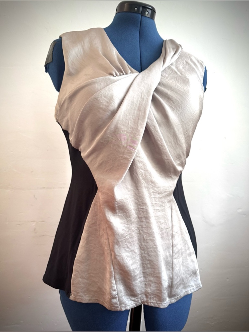 Alfani Antique Gold Satin and Black Sleeveless Top with Draped V Neck